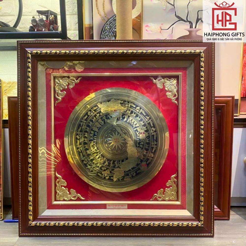 Tranh trống đồng thúc nổi họa tiết khung nhựa giả gỗ (70cm-70cm)